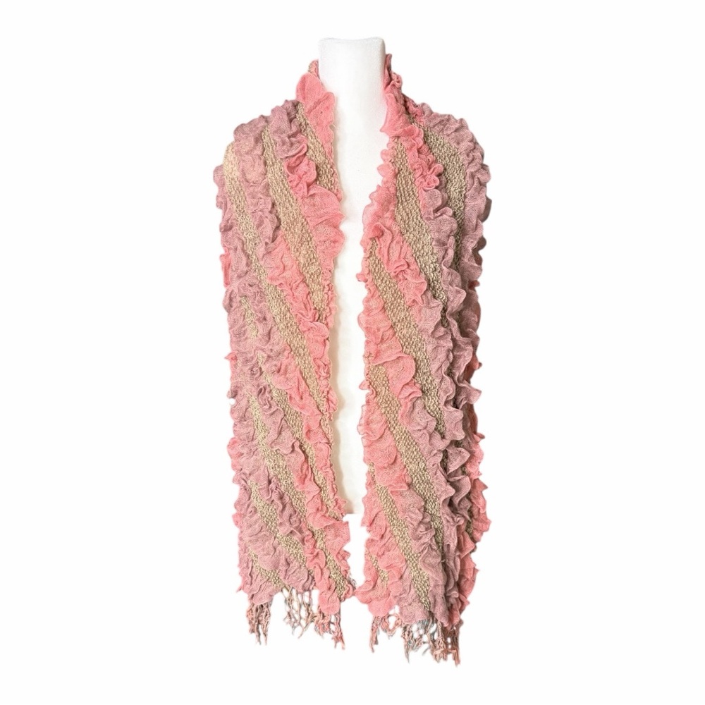 Elegant Pink and Tan Ruffled Scarf